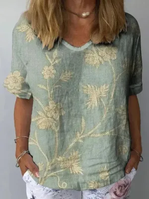Cotton linen blend women's shirt, retro floral print, casual style