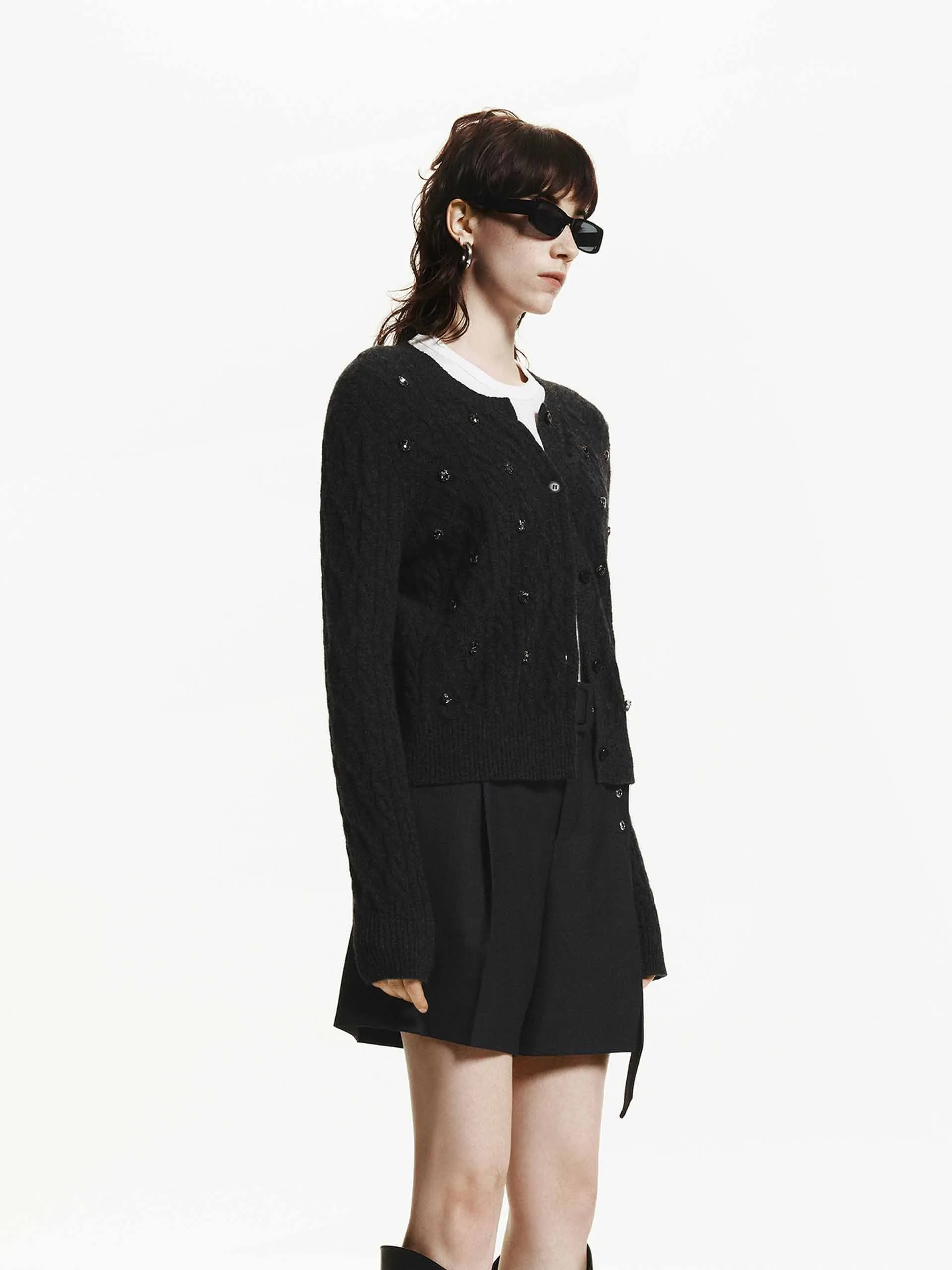 Crystal Decoration Cable Cardigan