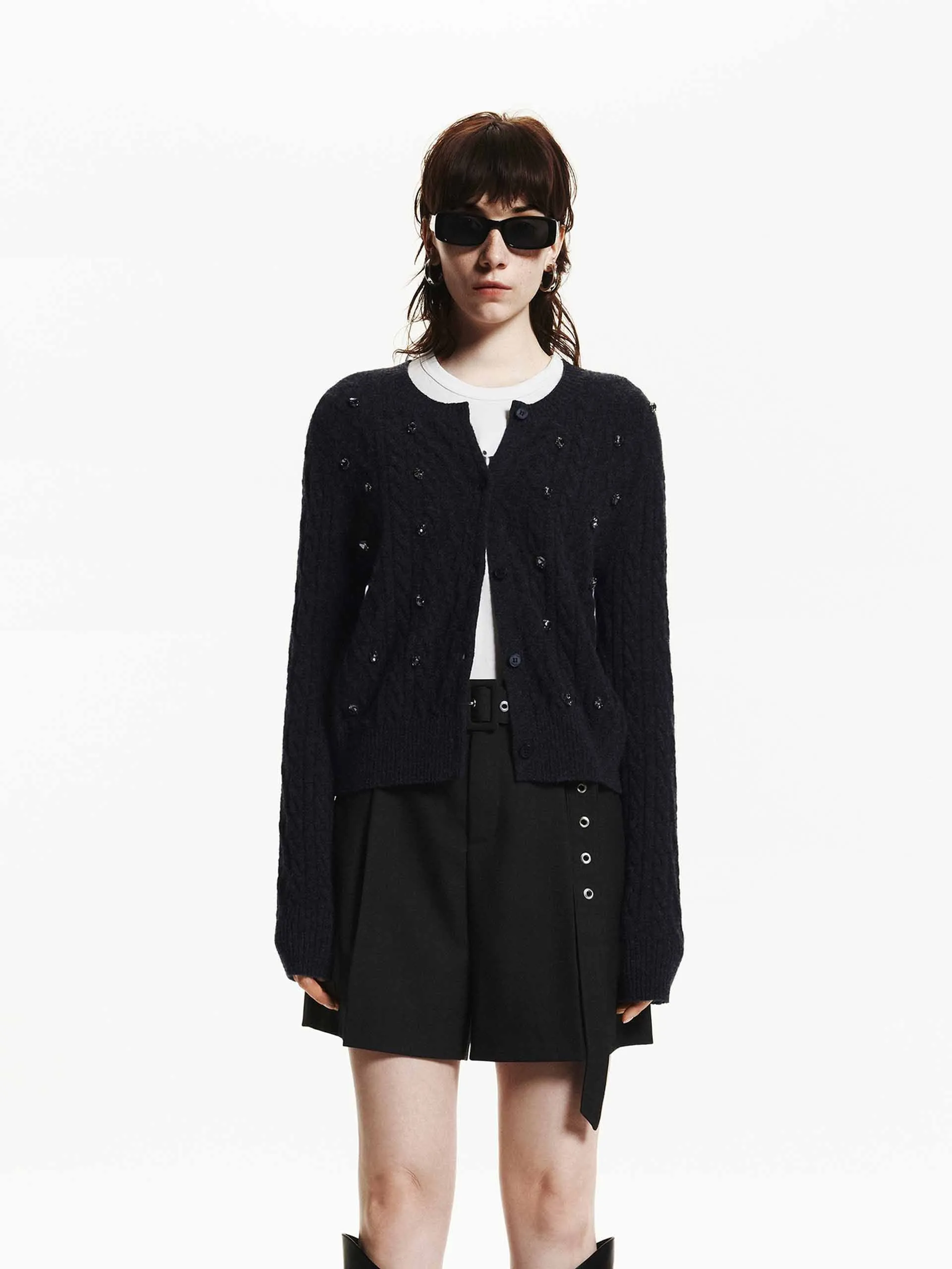 Crystal Decoration Cable Cardigan