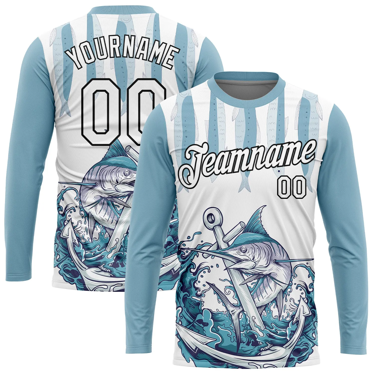 Custom White Black-Panther Blue 3D Pattern Design Marlin Fish Fishing Performance T-Shirt