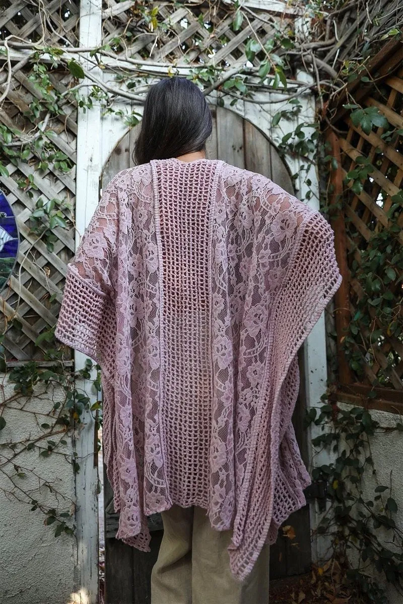 Dusty Pink  Lace Kimono Duster with Crochet Floral Lace