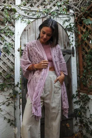 Dusty Pink  Lace Kimono Duster with Crochet Floral Lace