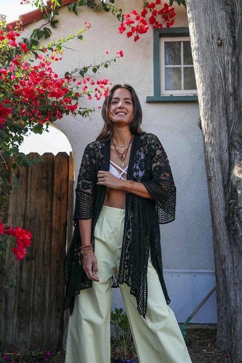 Dusty Pink  Lace Kimono Duster with Crochet Floral Lace