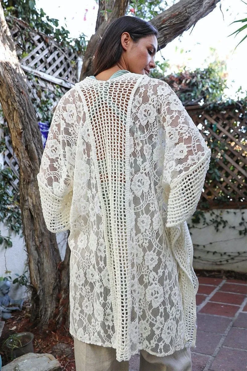 Dusty Pink  Lace Kimono Duster with Crochet Floral Lace