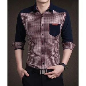 Fashion Shirt Collar Gingham Splicing Pocket Labeling Slimming Long Sleeve Cotton Blend Shirt For Men - Checked M
