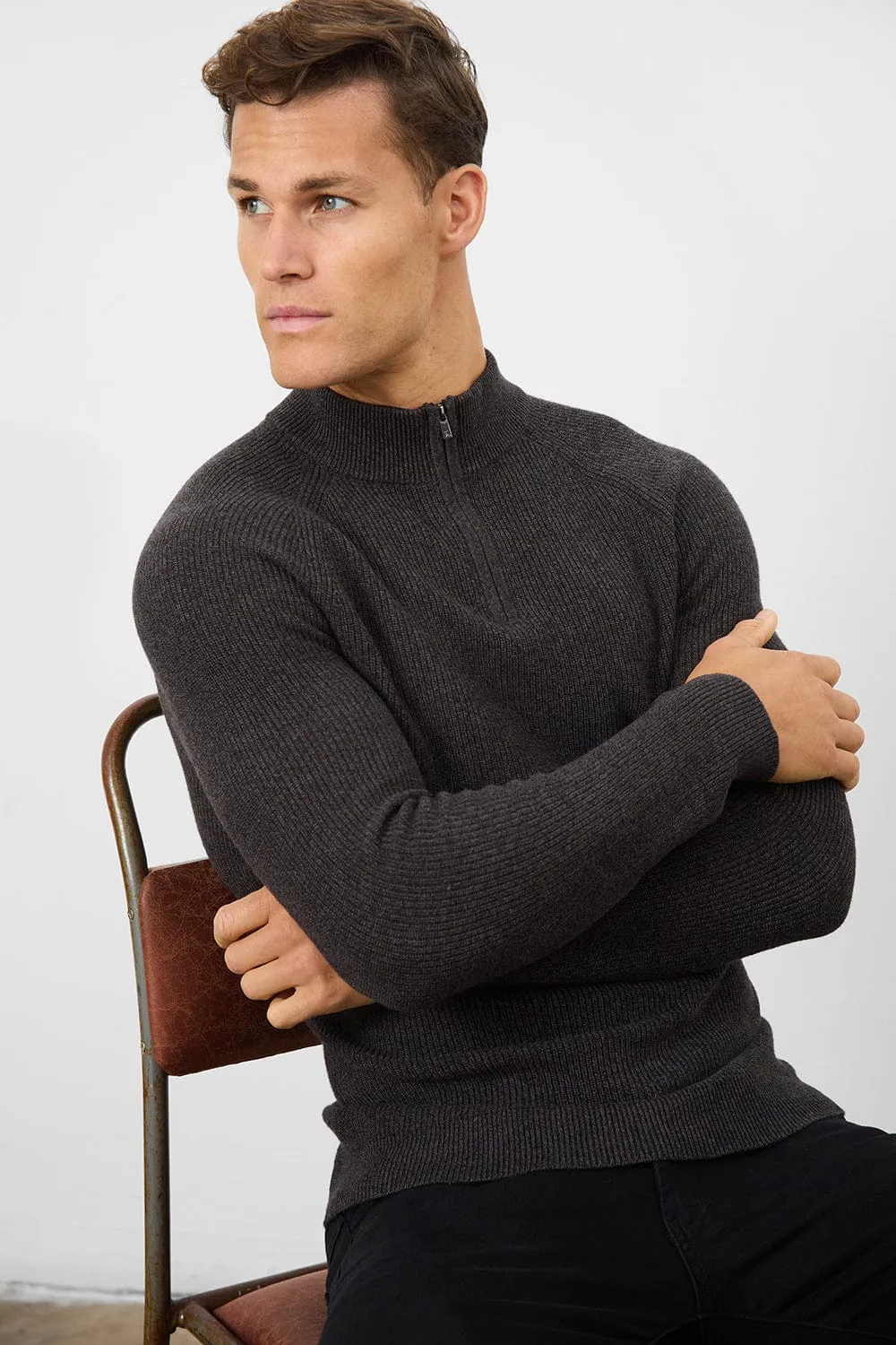 Fisherman Textured Half Zip Neck in Twisted Dark Grey
