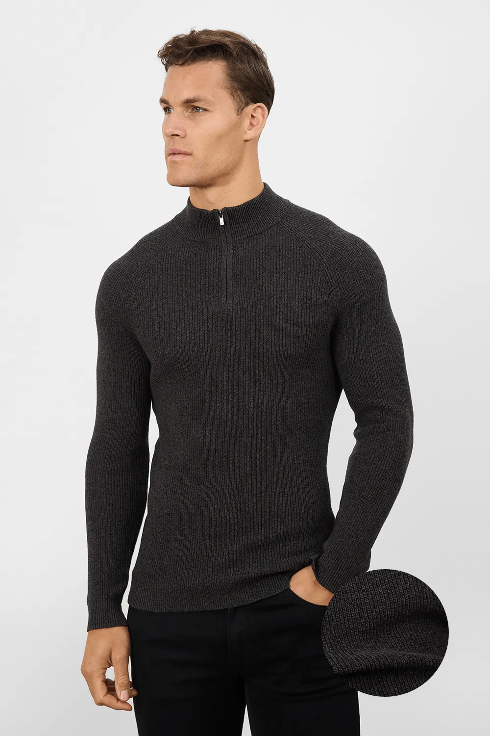 Fisherman Textured Half Zip Neck in Twisted Dark Grey