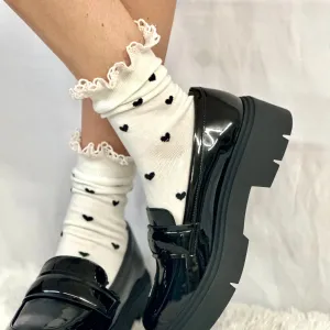 HEARTS DELIGHT  lace top heart ankle sock - cream black