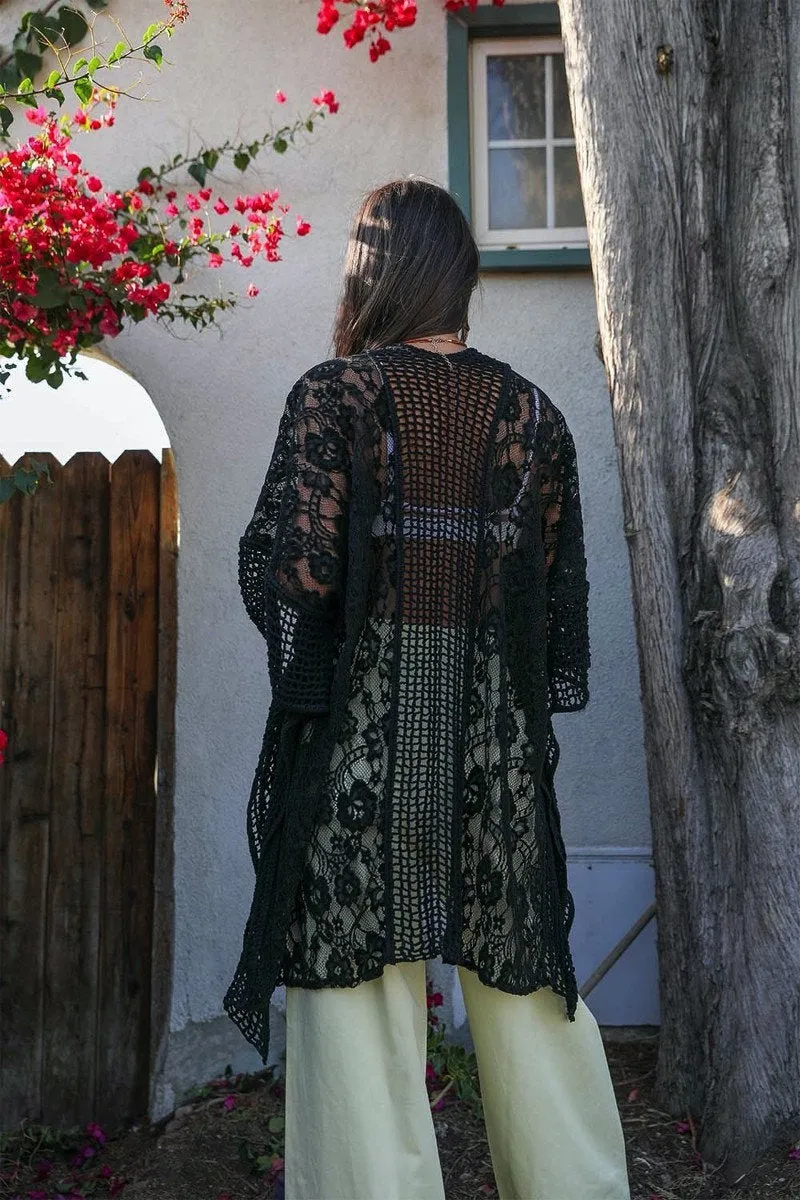 Ivory Beige  Lace Kimono Duster with Crochet Floral Lace