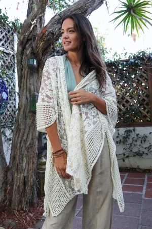 Ivory Beige  Lace Kimono Duster with Crochet Floral Lace