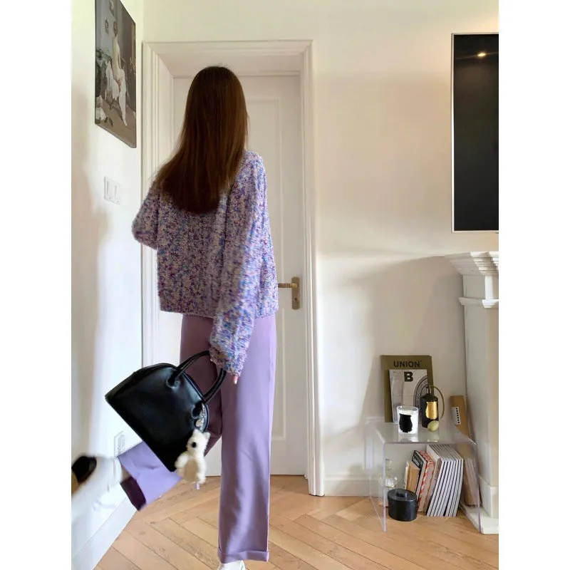 JazzHer frat outfits Spring Women's New Lazy Style Purple Knitted Cardigan Women's Temperament Variegated Long-Sleeved Top Coat