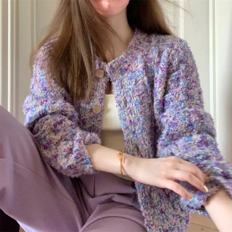 JazzHer frat outfits Spring Women's New Lazy Style Purple Knitted Cardigan Women's Temperament Variegated Long-Sleeved Top Coat