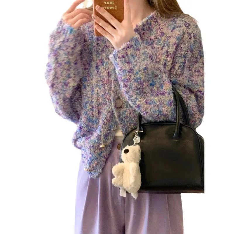 JazzHer frat outfits Spring Women's New Lazy Style Purple Knitted Cardigan Women's Temperament Variegated Long-Sleeved Top Coat