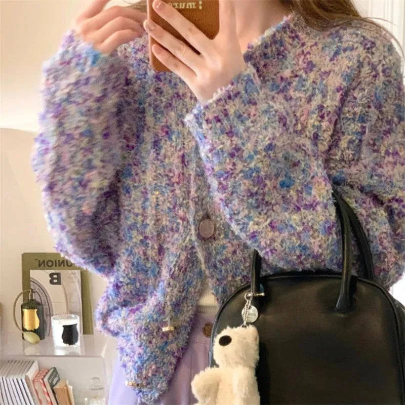 JazzHer frat outfits Spring Women's New Lazy Style Purple Knitted Cardigan Women's Temperament Variegated Long-Sleeved Top Coat