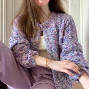 JazzHer frat outfits Spring Women's New Lazy Style Purple Knitted Cardigan Women's Temperament Variegated Long-Sleeved Top Coat