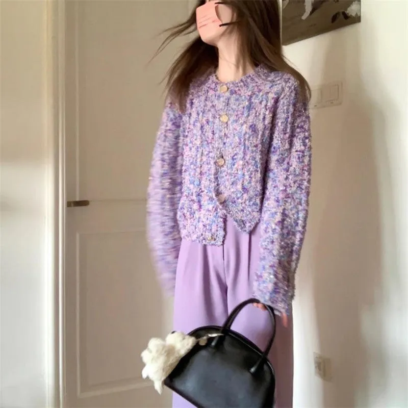 JazzHer frat outfits Spring Women's New Lazy Style Purple Knitted Cardigan Women's Temperament Variegated Long-Sleeved Top Coat