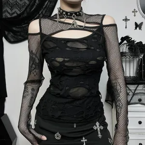 JazzHer Women's Gothic Tops Autumn New Personalized Women's Dark Wind Slim Grid Hole Breaking Long Sleeve Tops Female