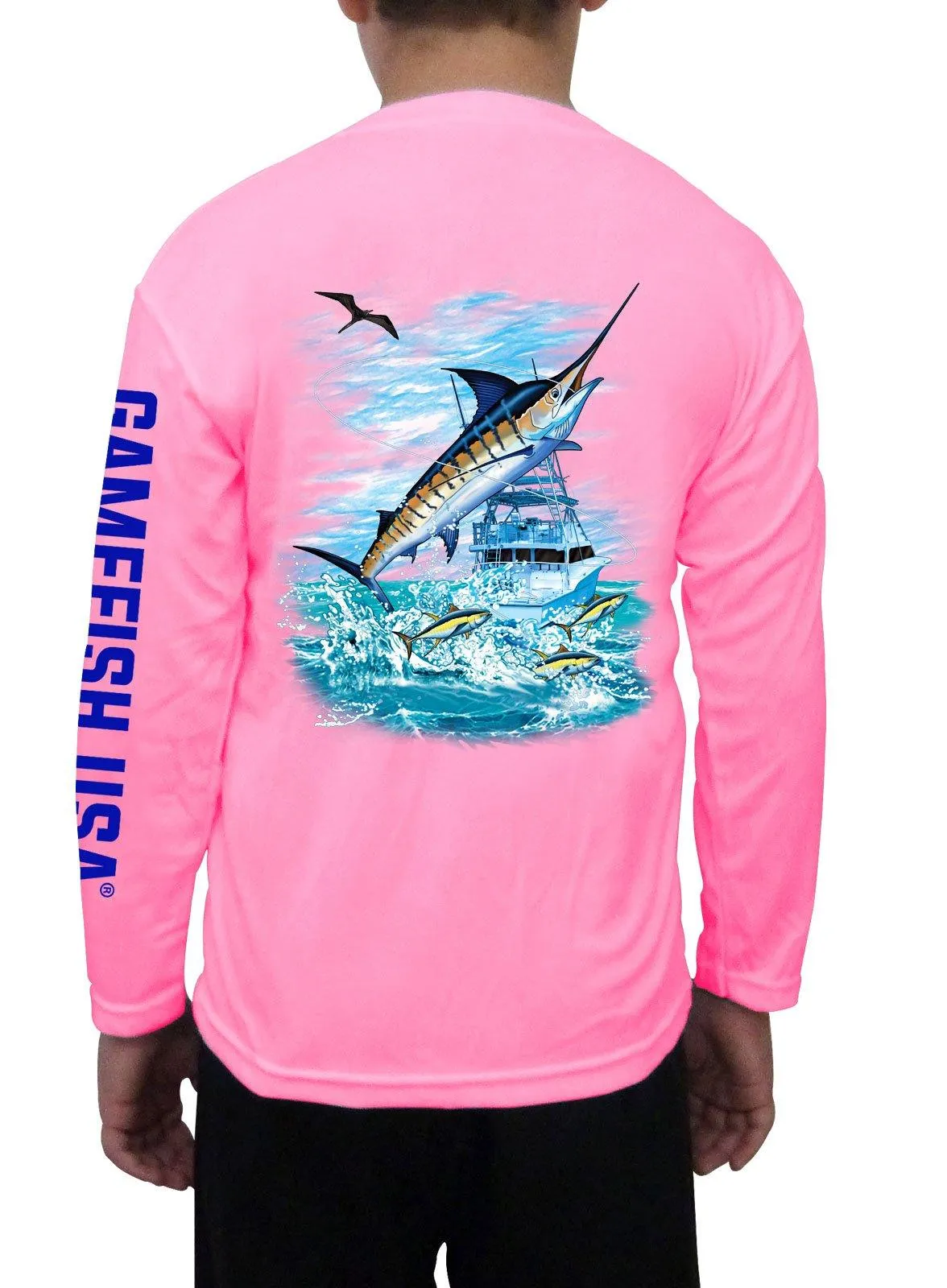 Kid's UPF 50 Long Sleeve Microfiber Moisture Wicking Performance Fishing Shirt Marlin