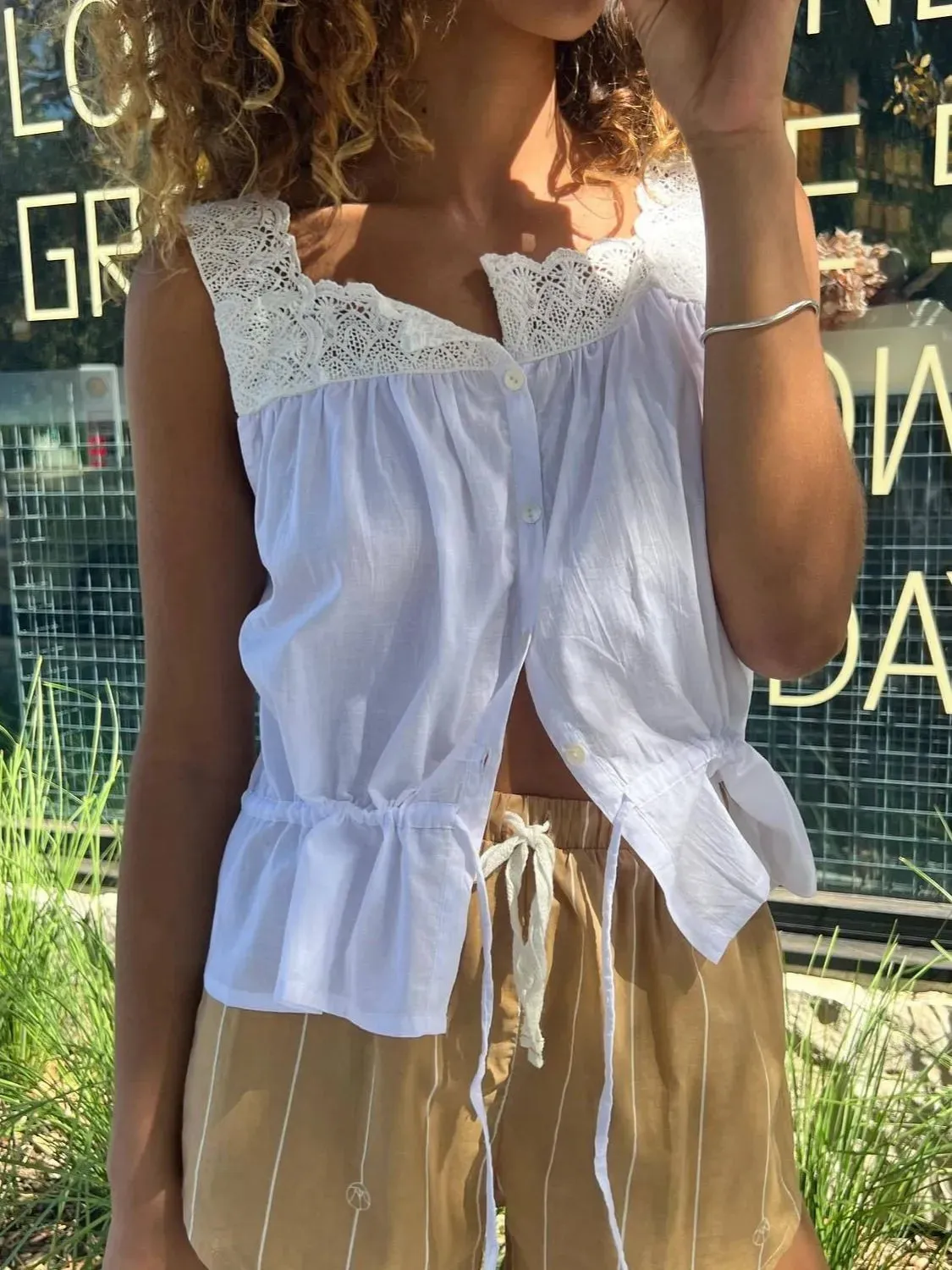 Lace Detail Drawstring Tank