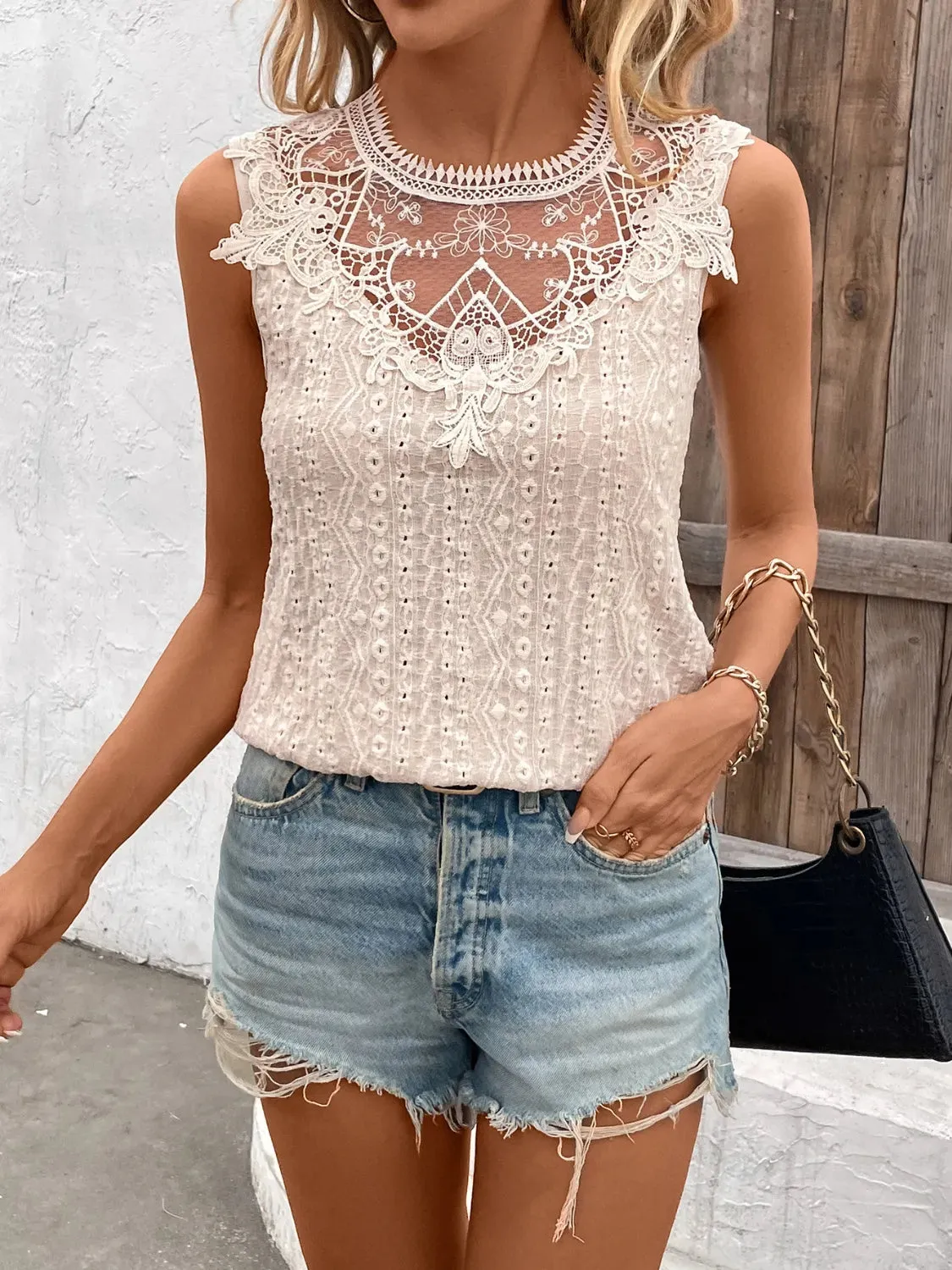 Lace Detail Eyelet Round Neck Tank