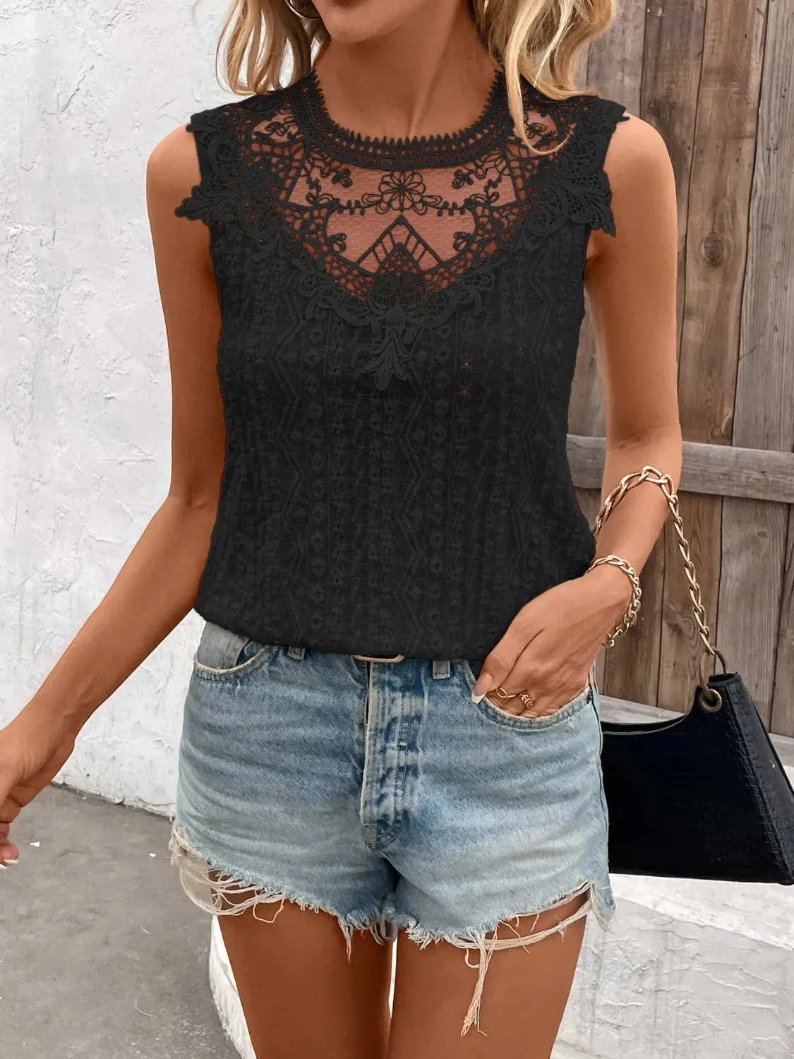 Lace Detail Eyelet Round Neck Tank
