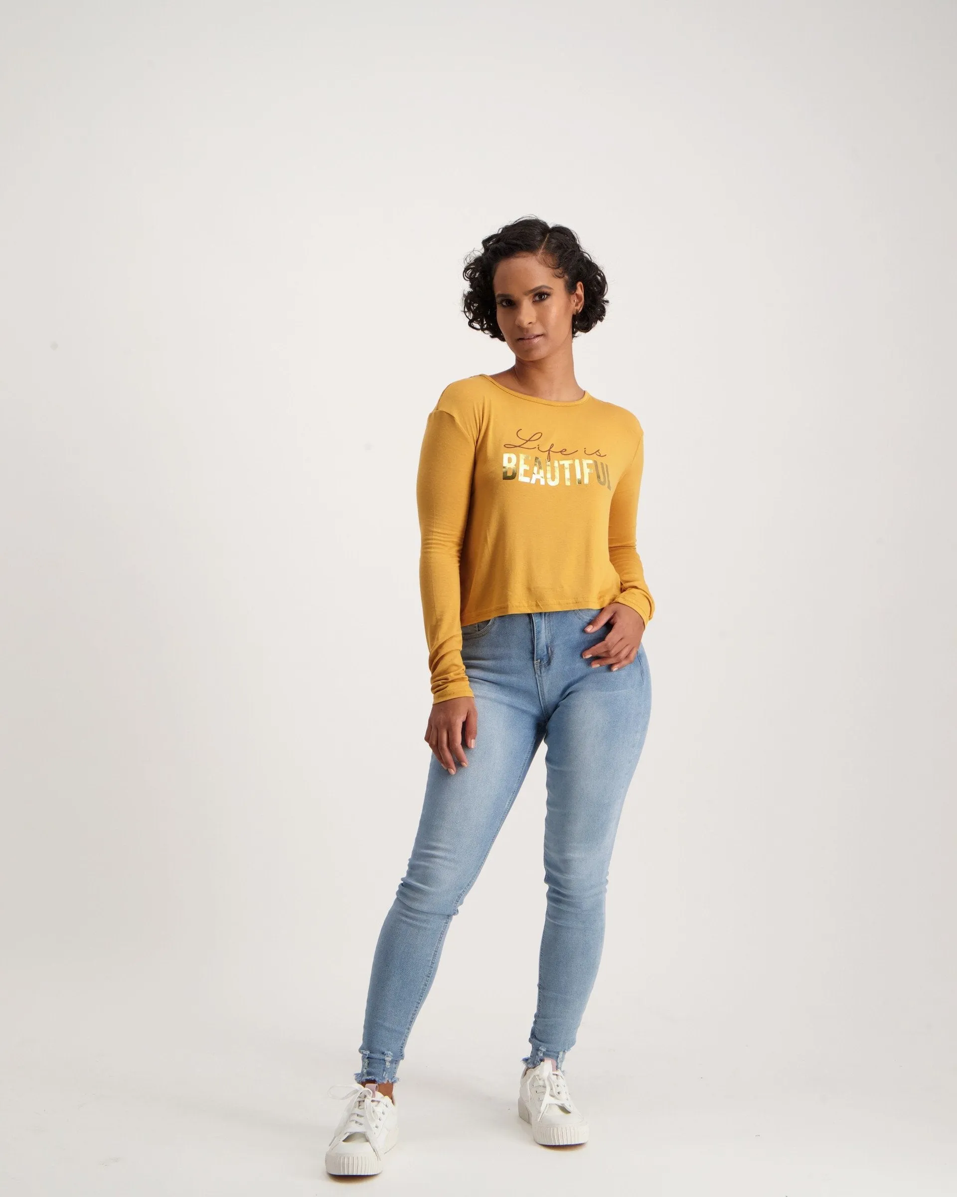 Ladies-Long Sleeve Hip Grazer Screen Knit Top