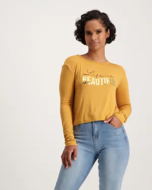 Ladies-Long Sleeve Hip Grazer Screen Knit Top