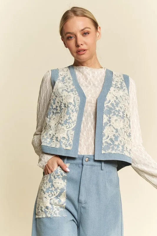 Light Blue Lace Patch Open Front Denim Vest