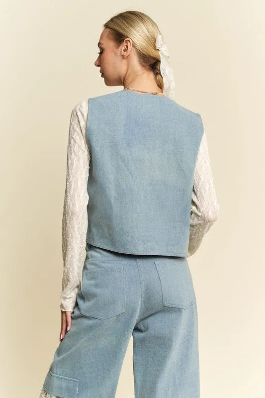Light Blue Lace Patch Open Front Denim Vest