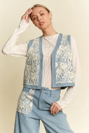 Light Blue Lace Patch Open Front Denim Vest
