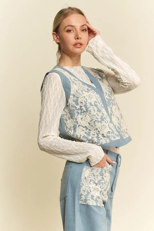 Light Blue Lace Patch Open Front Denim Vest