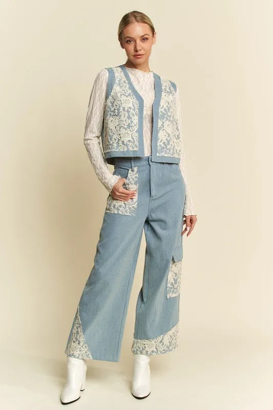 Light Blue Lace Patch Open Front Denim Vest