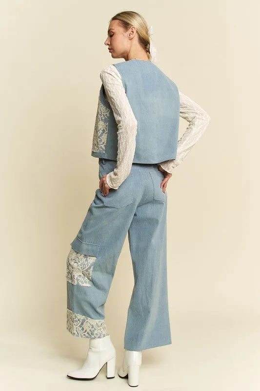 Light Blue Lace Patch Open Front Denim Vest