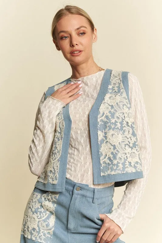 Light Blue Lace Patch Open Front Denim Vest
