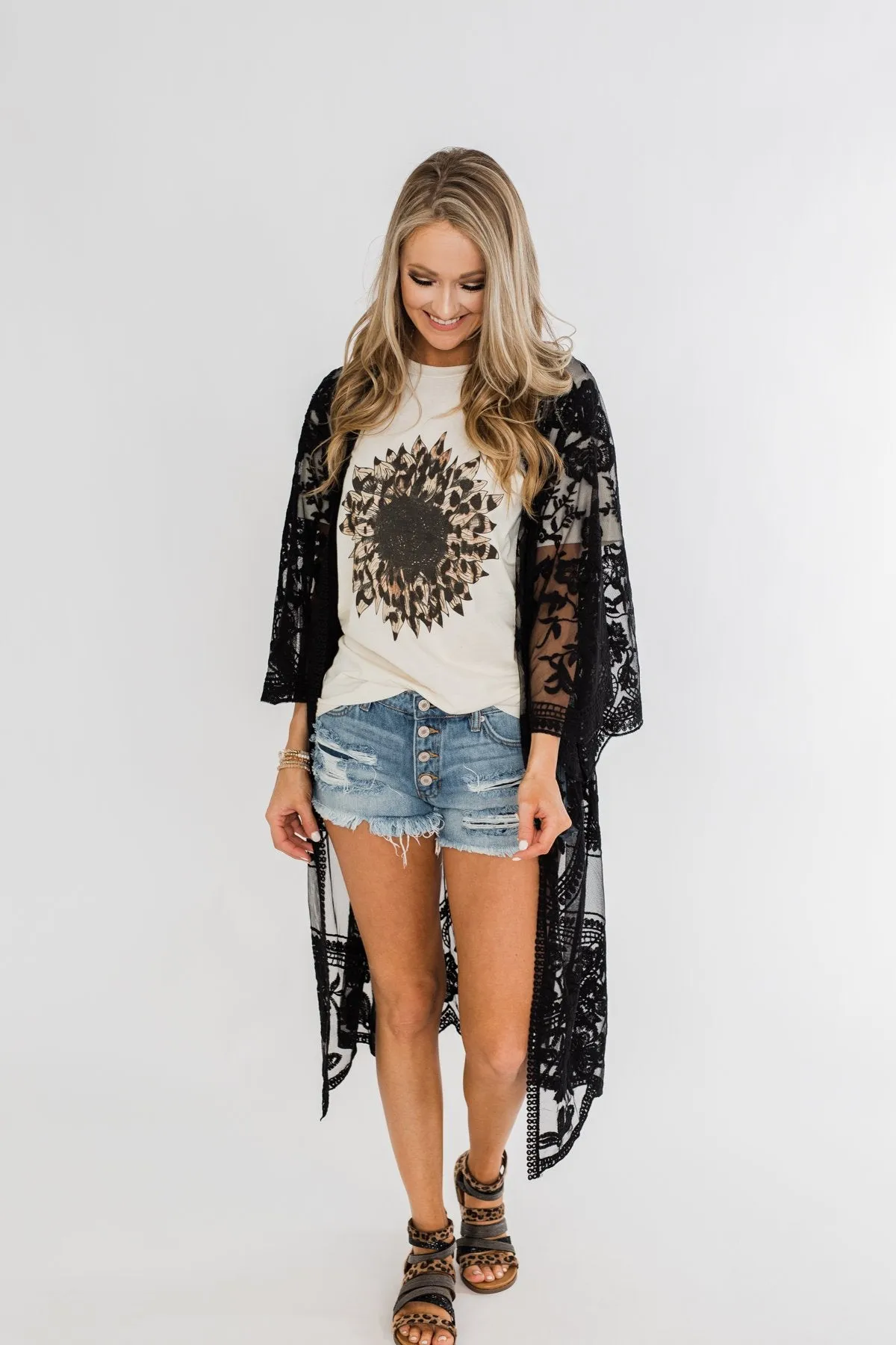 Long Sheer Floral Lace Kimono- Black