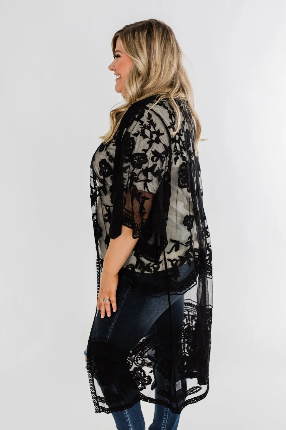 Long Sheer Floral Lace Kimono- Black