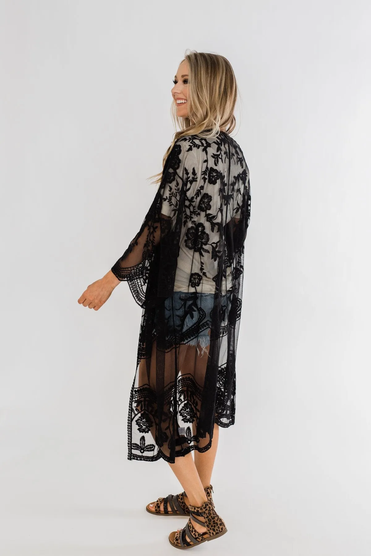 Long Sheer Floral Lace Kimono- Black
