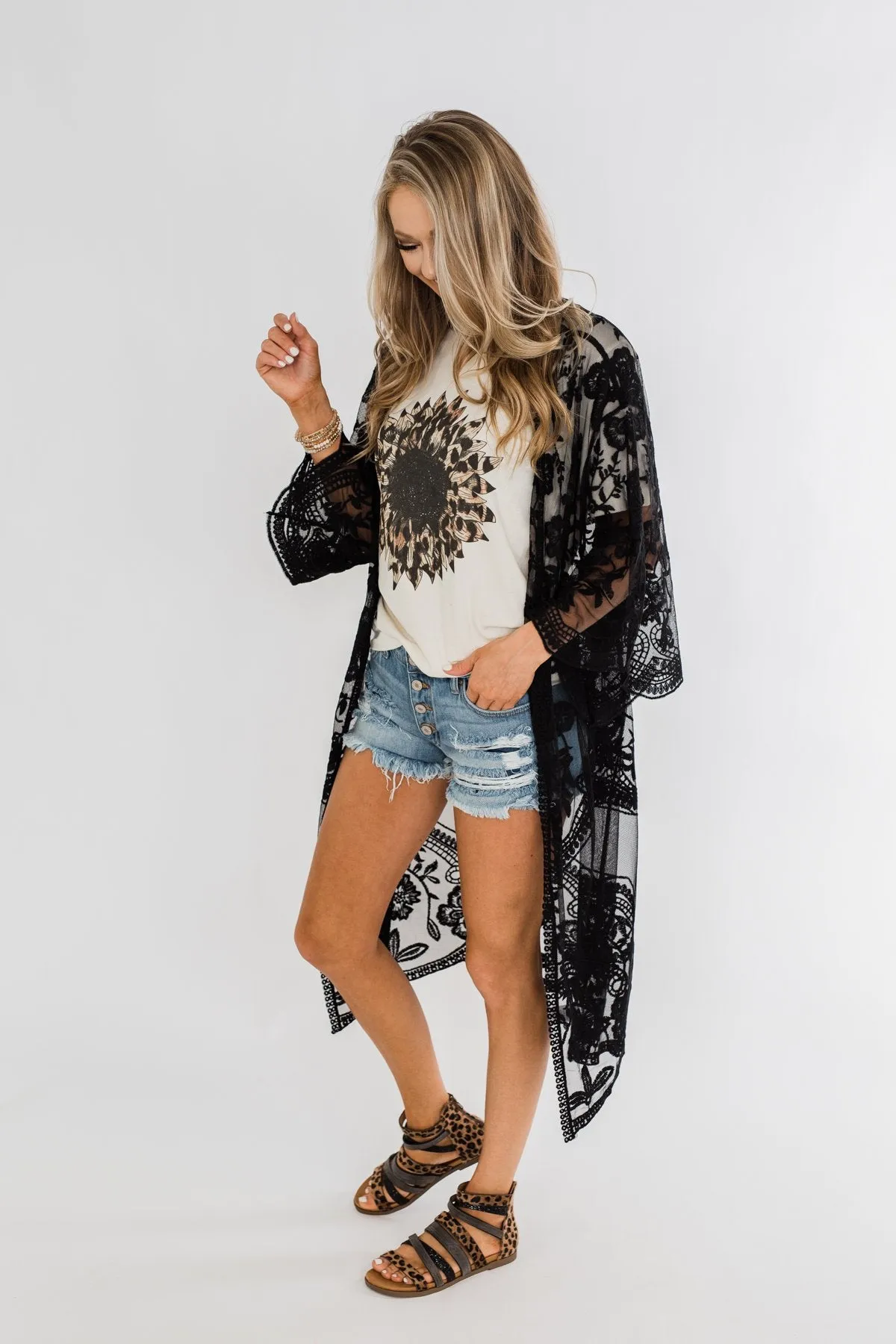 Long Sheer Floral Lace Kimono- Black