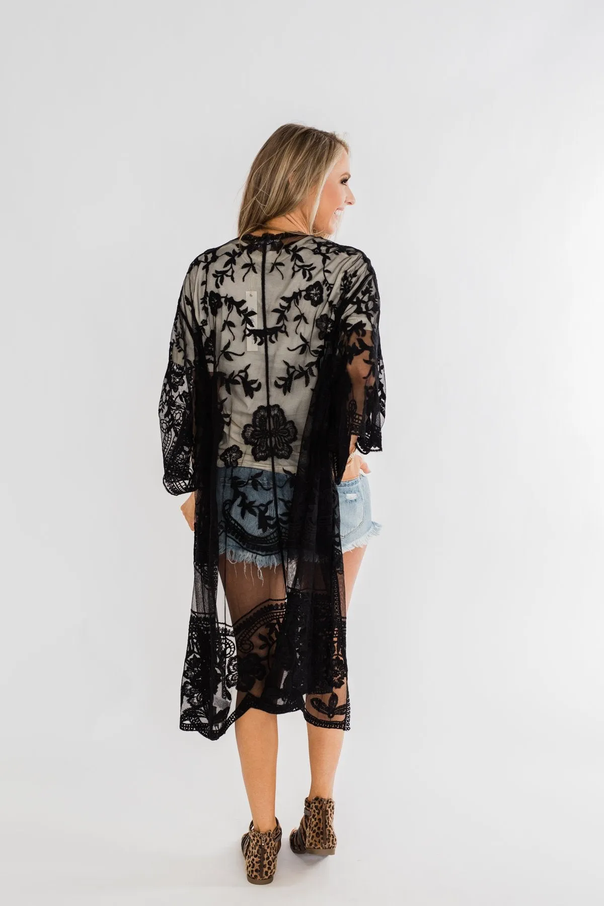 Long Sheer Floral Lace Kimono- Black