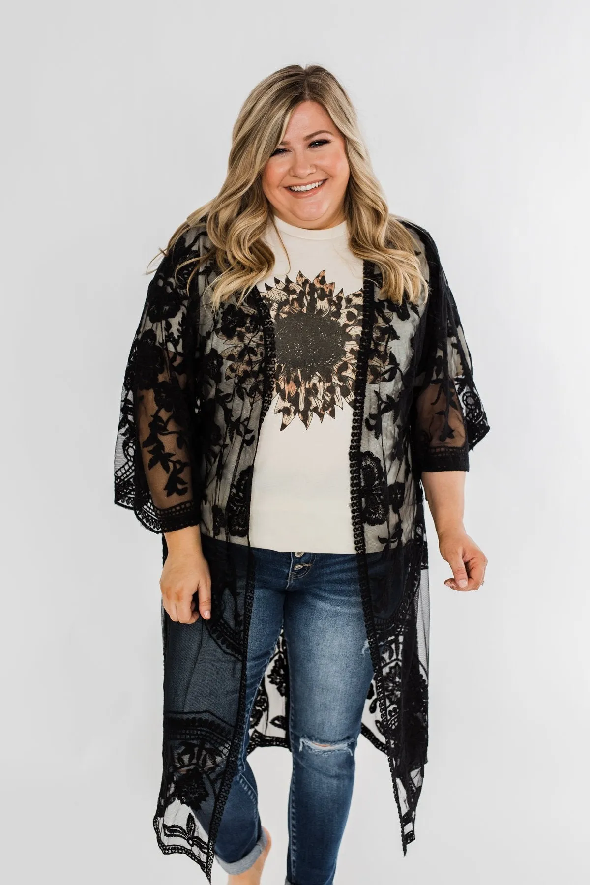 Long Sheer Floral Lace Kimono- Black