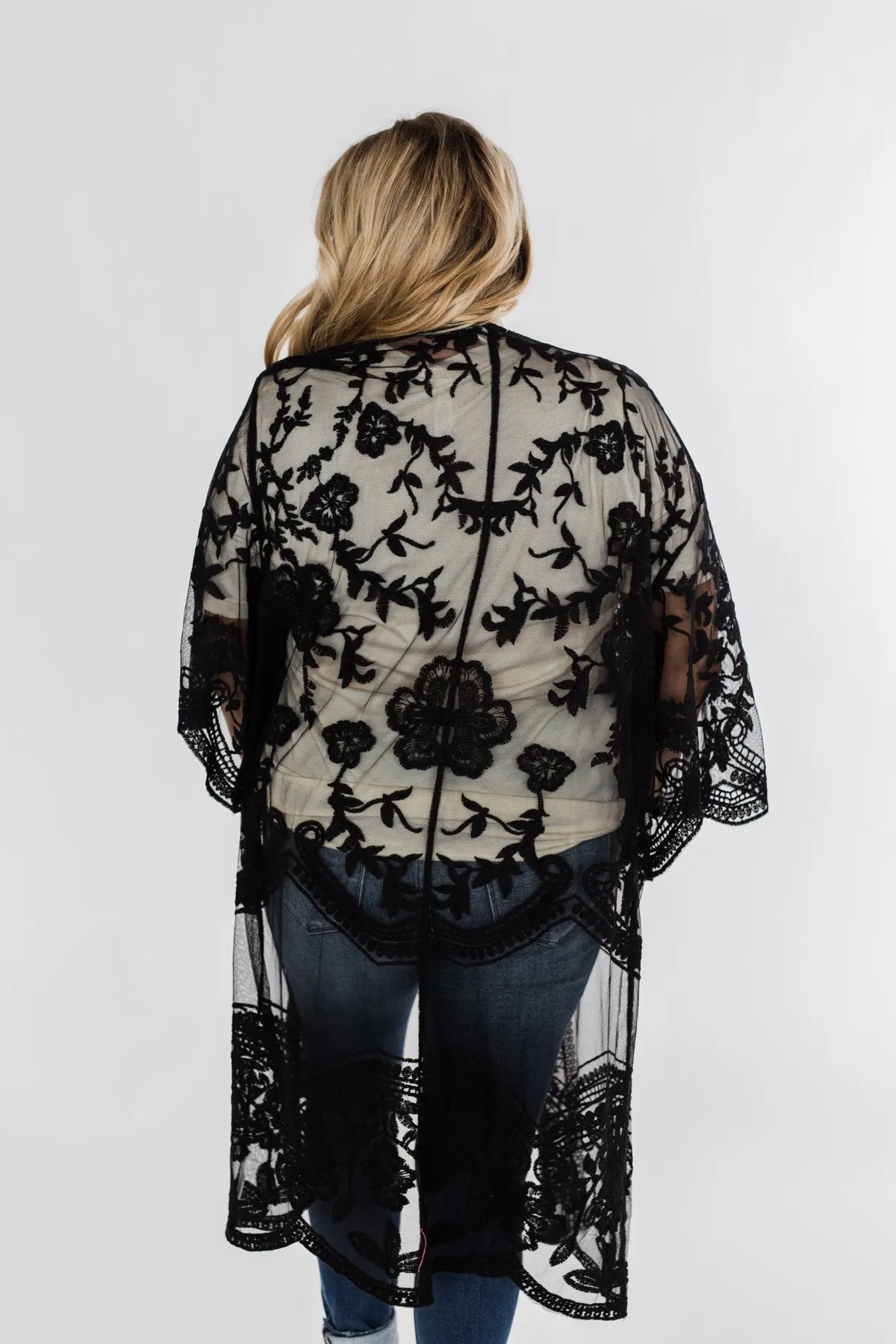 Long Sheer Floral Lace Kimono- Black