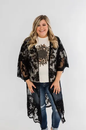 Long Sheer Floral Lace Kimono- Black
