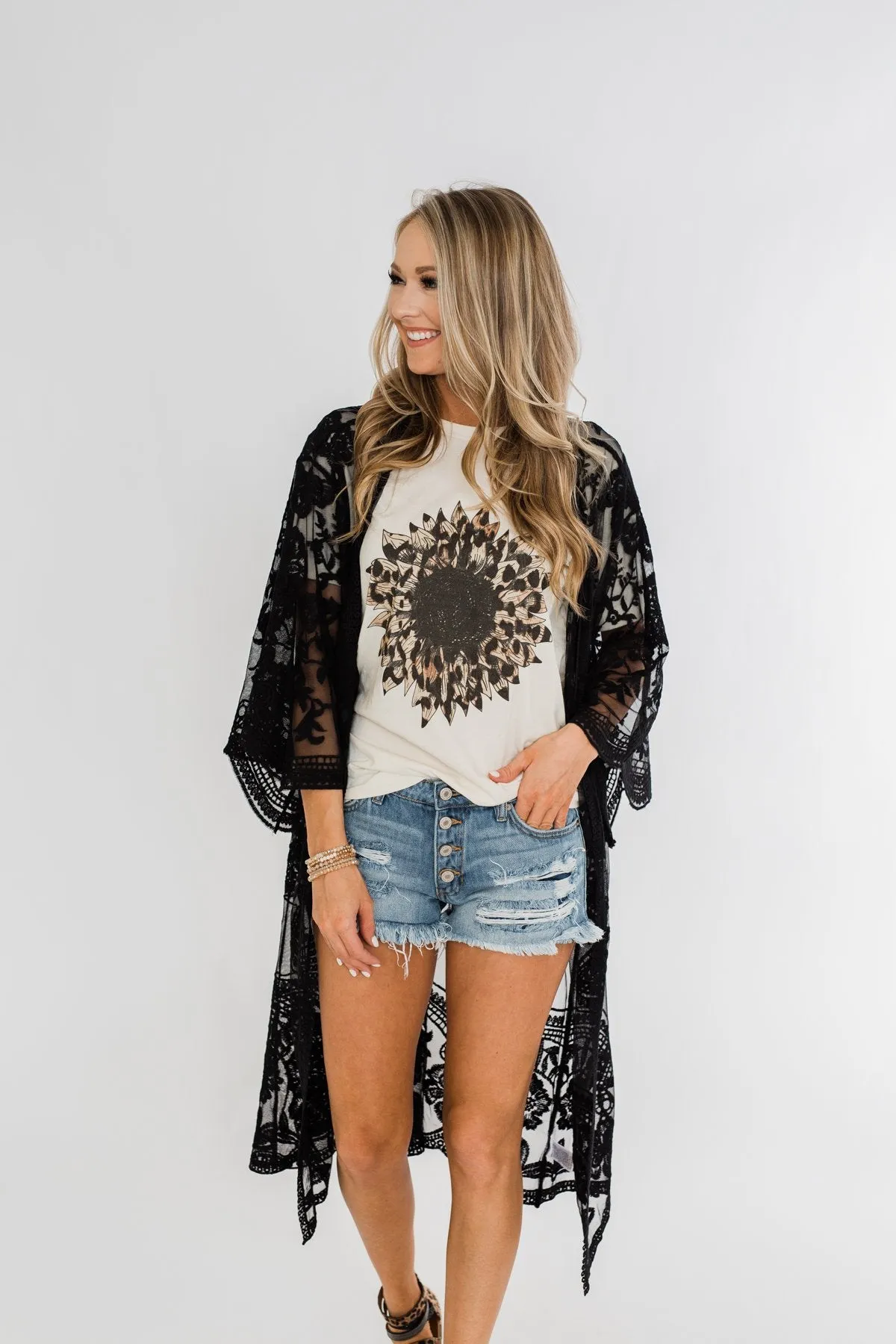 Long Sheer Floral Lace Kimono- Black