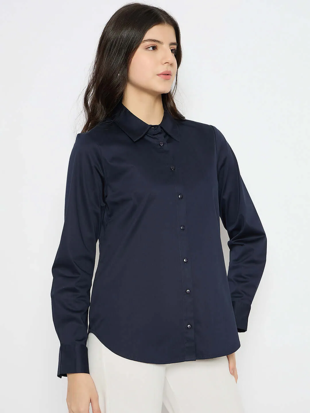 Madame Navy Blue Cotton Blend Shirt