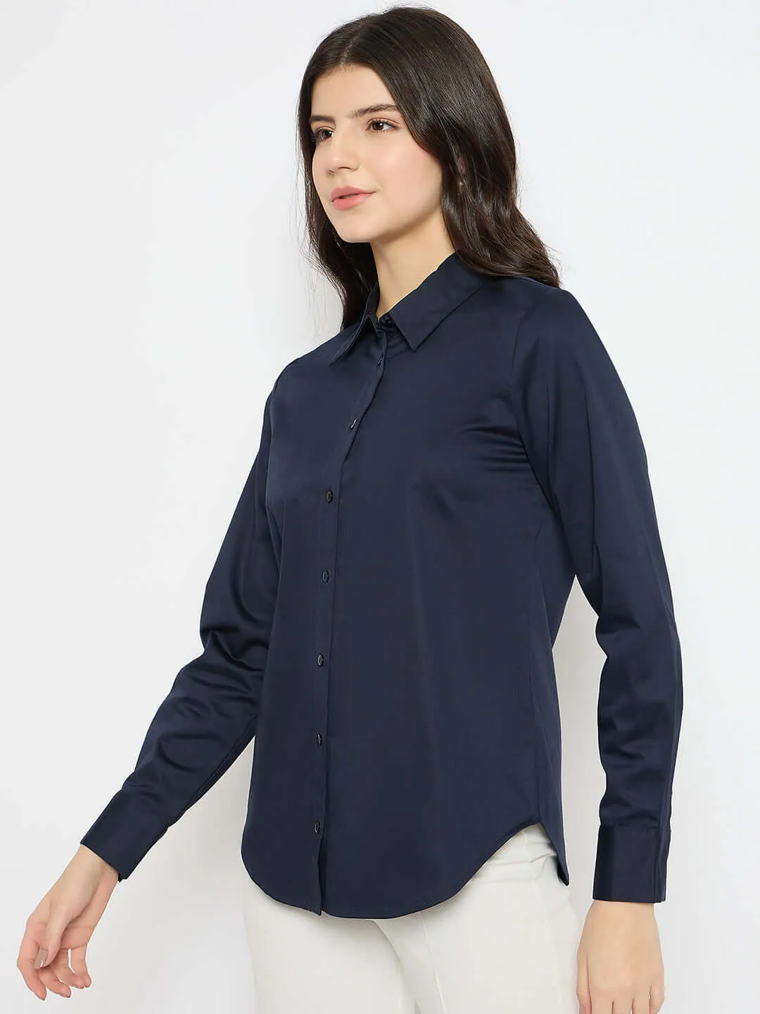 Madame Navy Blue Cotton Blend Shirt