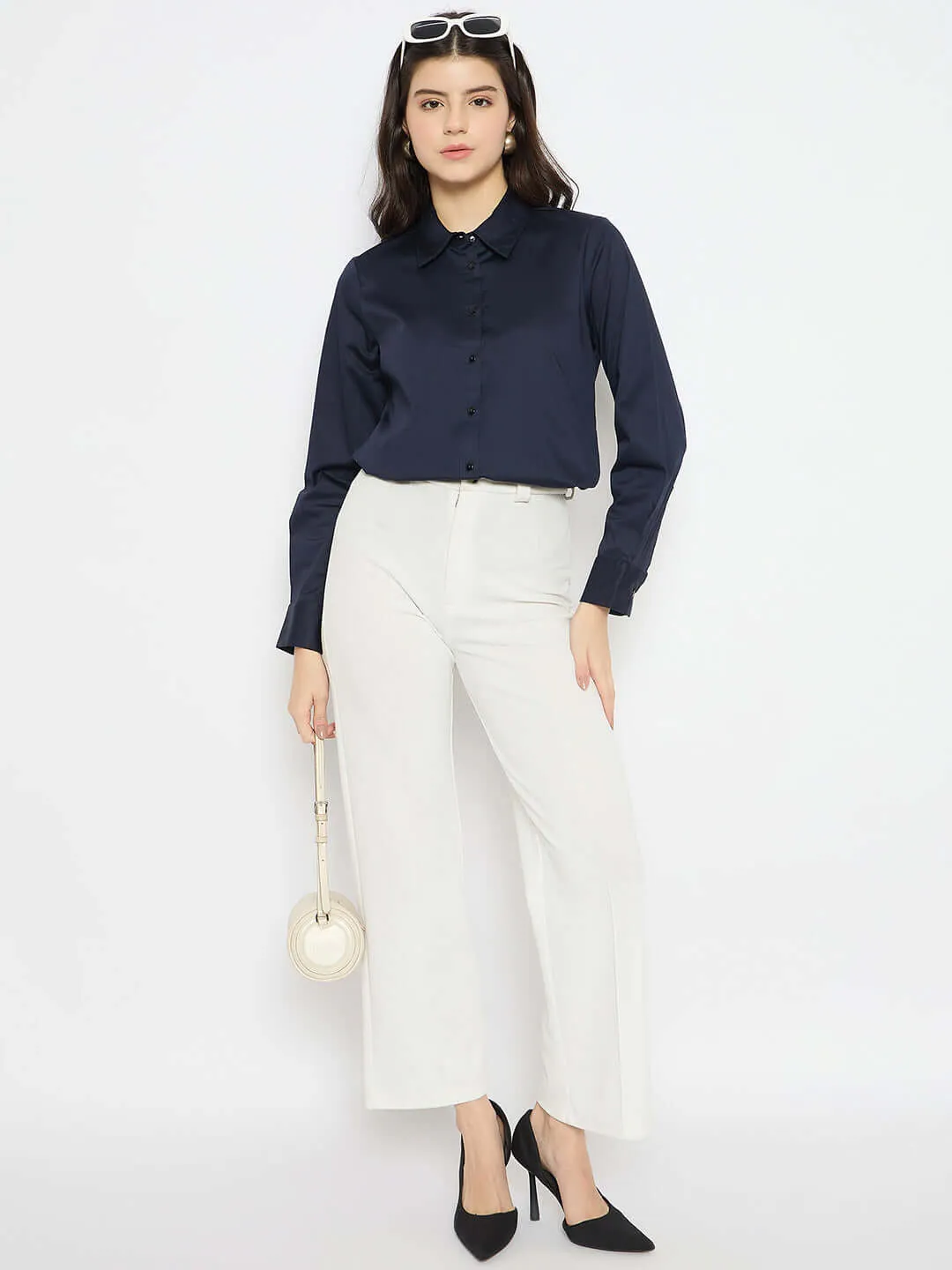 Madame Navy Blue Cotton Blend Shirt