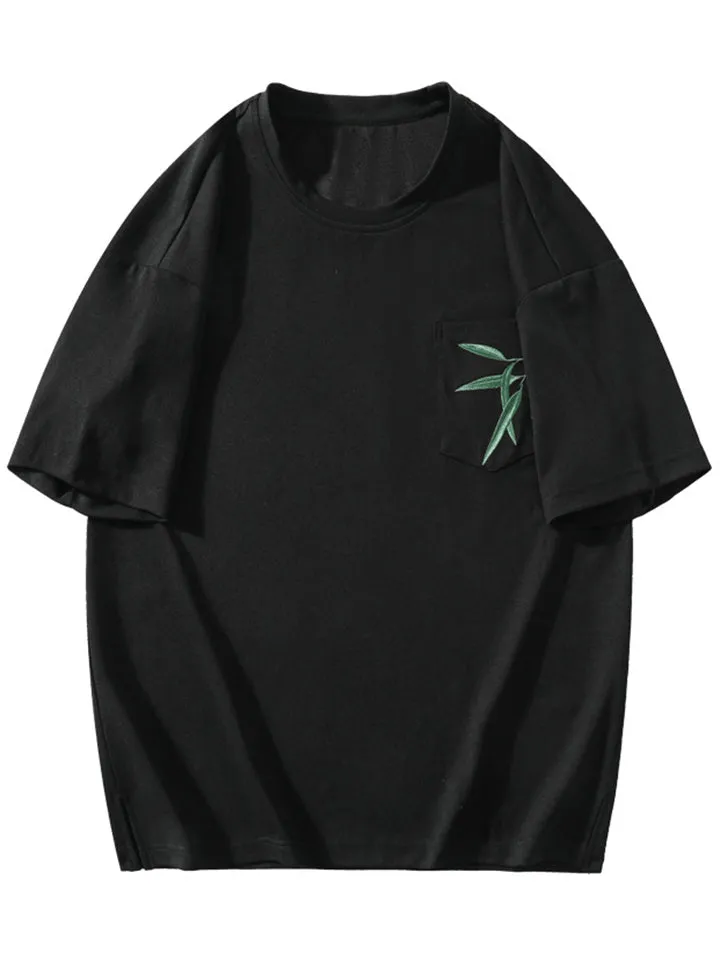 Male Casual Pocket Bamboo Leaves Half Sleeve Shirts