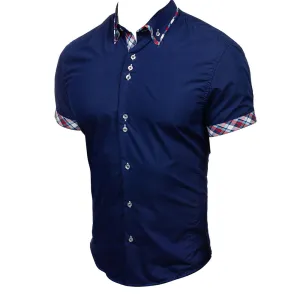 Men's Button down Tailor Fit Soft 100% Cotton Short Sleeve Dress Shirt Navy Blue with Colorful Check casual And Formal