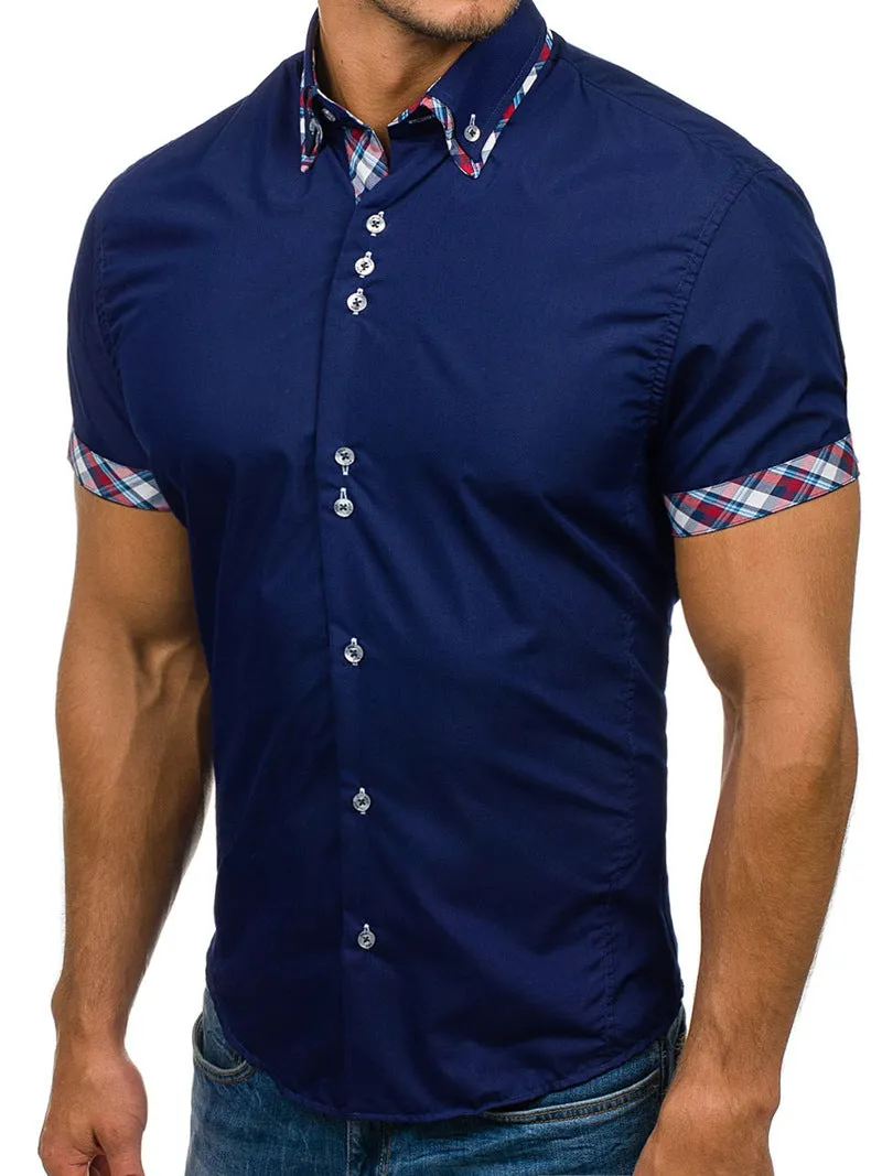 Men's Button down Tailor Fit Soft 100% Cotton Short Sleeve Dress Shirt Navy Blue with Colorful Check casual And Formal