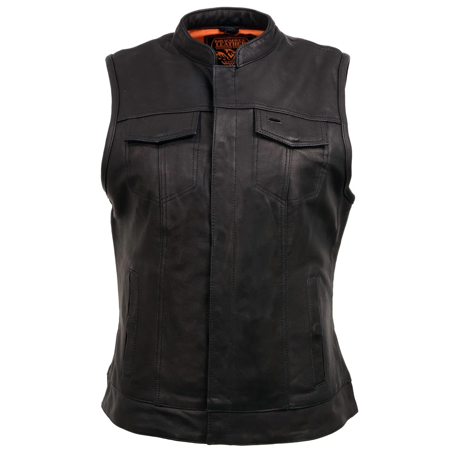 MLL4512 Women’s Black Leather 'Lashes' Club Style Motorcycle Rider Vest W/ Concealed Dual Closure